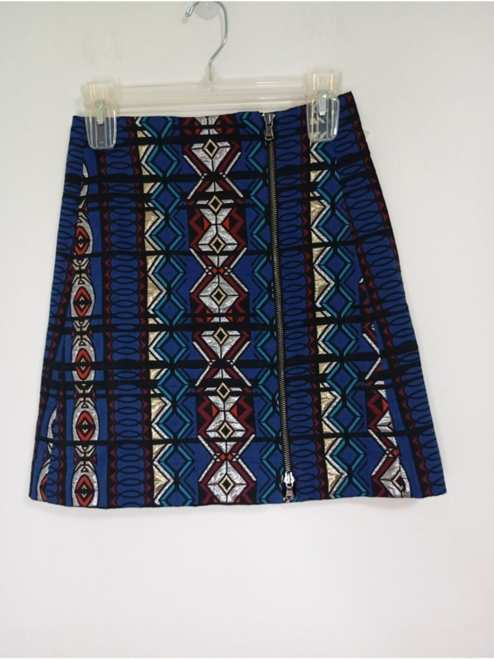 J. Crew Womens Blue Geometric Metallic Mini Skirt Size 00 Cotton Blend